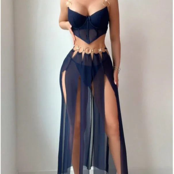 Two-Tone Slit Mesh Skirt Lingerie Set