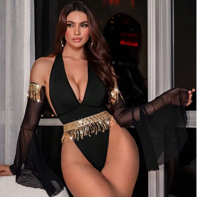 Long-Sleeve Tassel Halter Bodysuit Set
