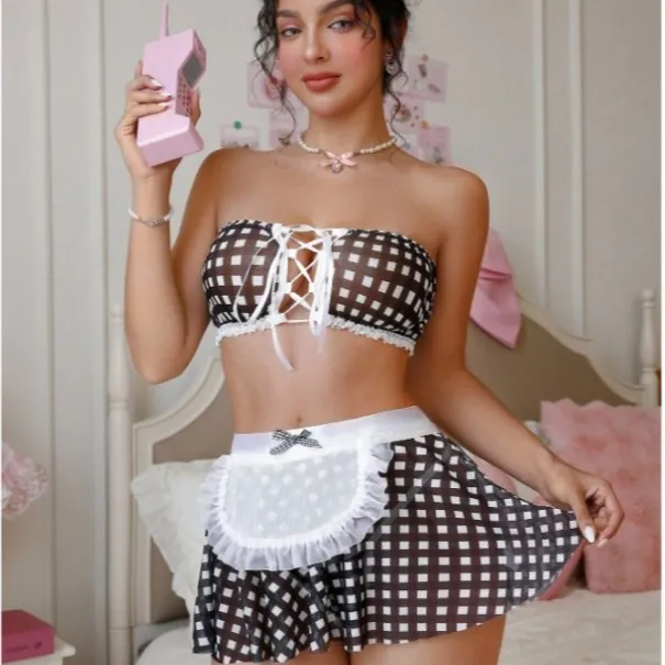 Plaid Bandeau and Mini Skirt Lingerie Set