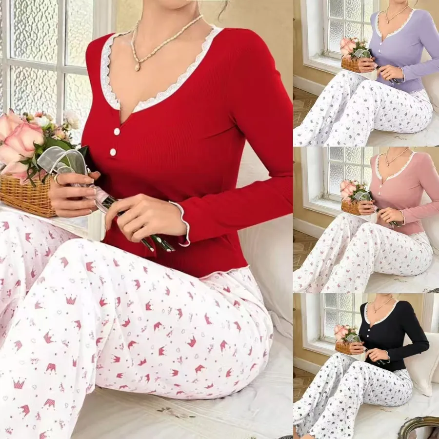 Satin Trim Long Sleeve Pajama Set