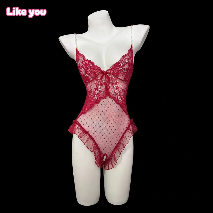 Pearl Chain Deep V Lace Bodysuit