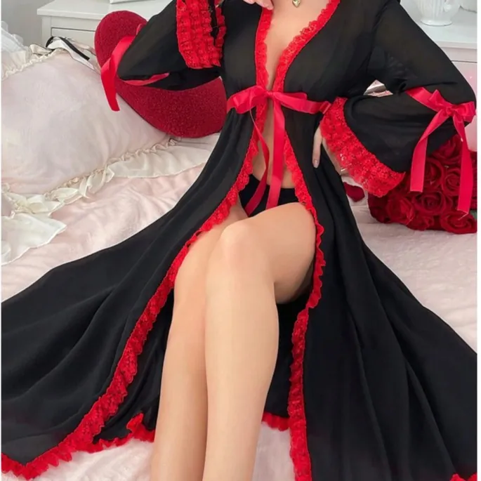 Sheer Mesh Long-Sleeve Robe Set
