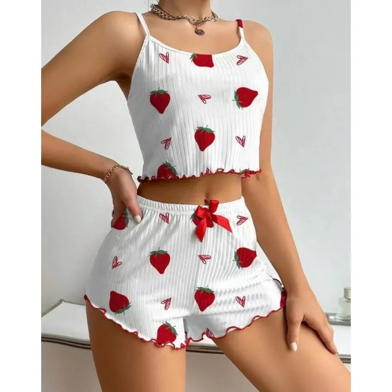 Ribbed Heart Print Cami and Shorts Set