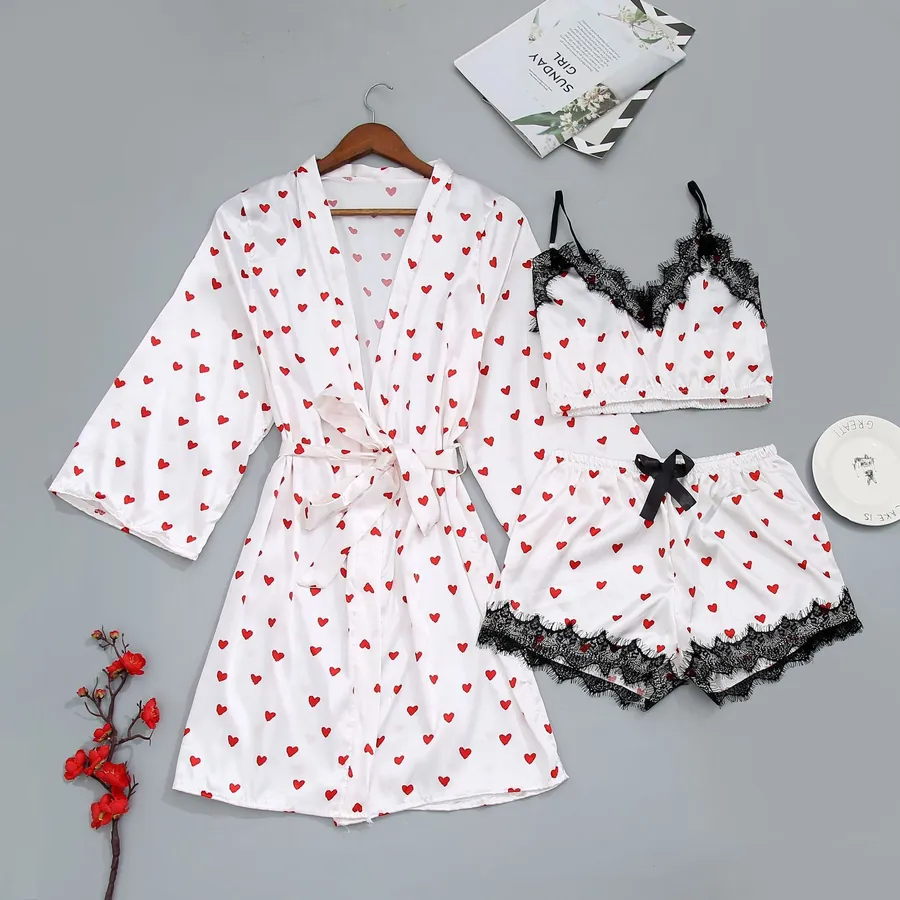 Satin Heart Print Pajama Set