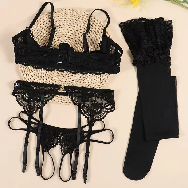 Lace Bra, Garter and Stockings Set