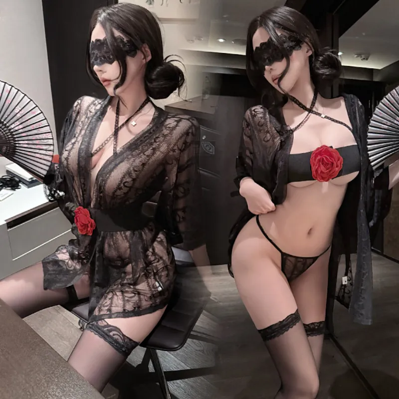 Dark Lace Strappy Robe and Nightdress Set