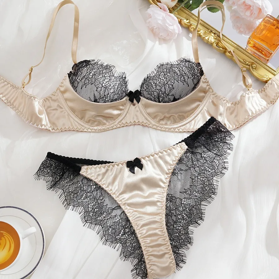 Black lace satin bow bra set