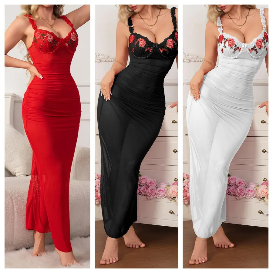 Embroidered Sheer Long Nightdress Set