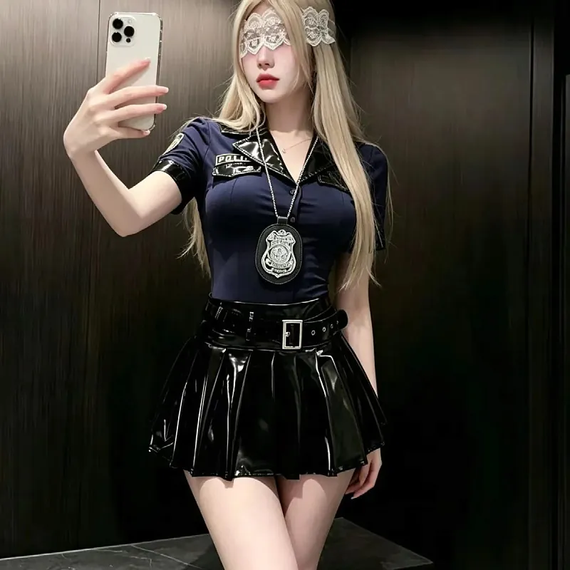 Stretch Cinched Top and Glossy Mini Skirt Set