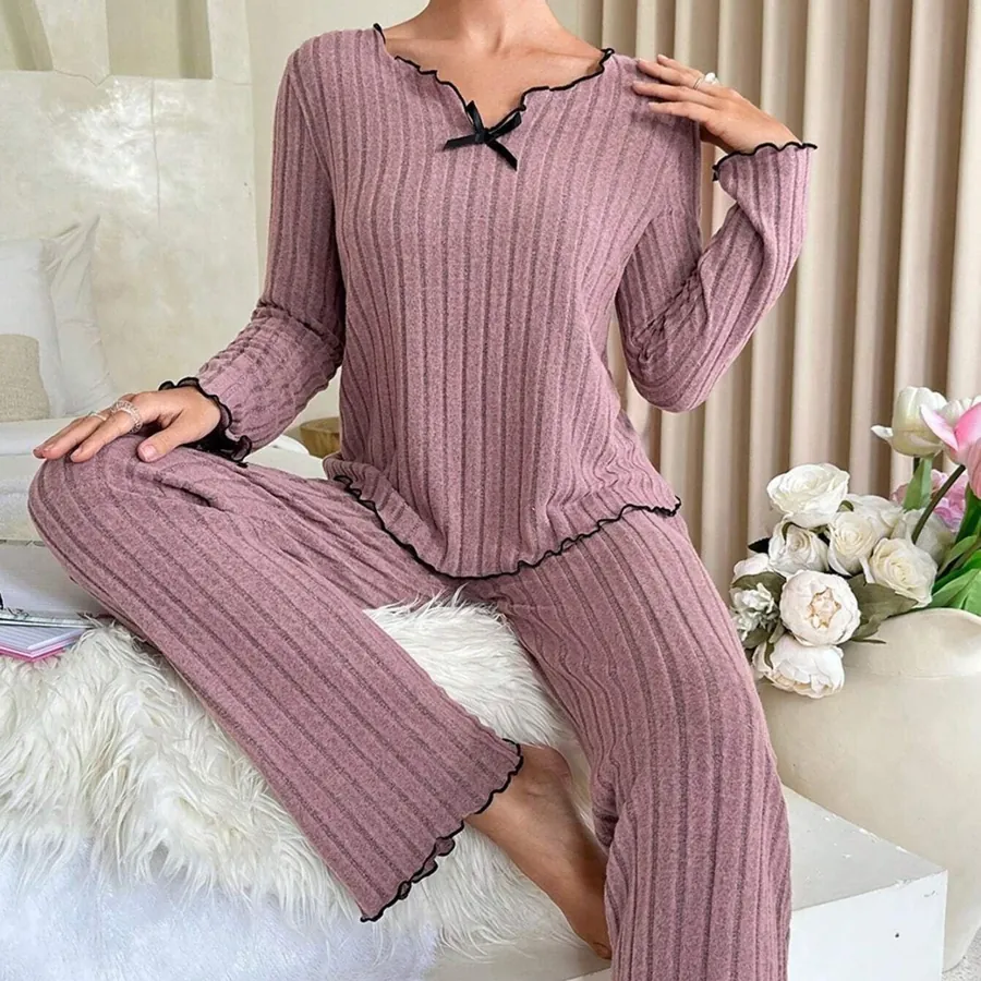 Ribbed Contrast Trim Pajama Set