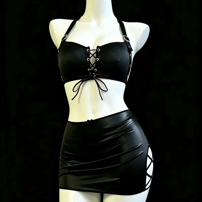 PU Leather Lace-Up Bra and Cutout Skirt Set