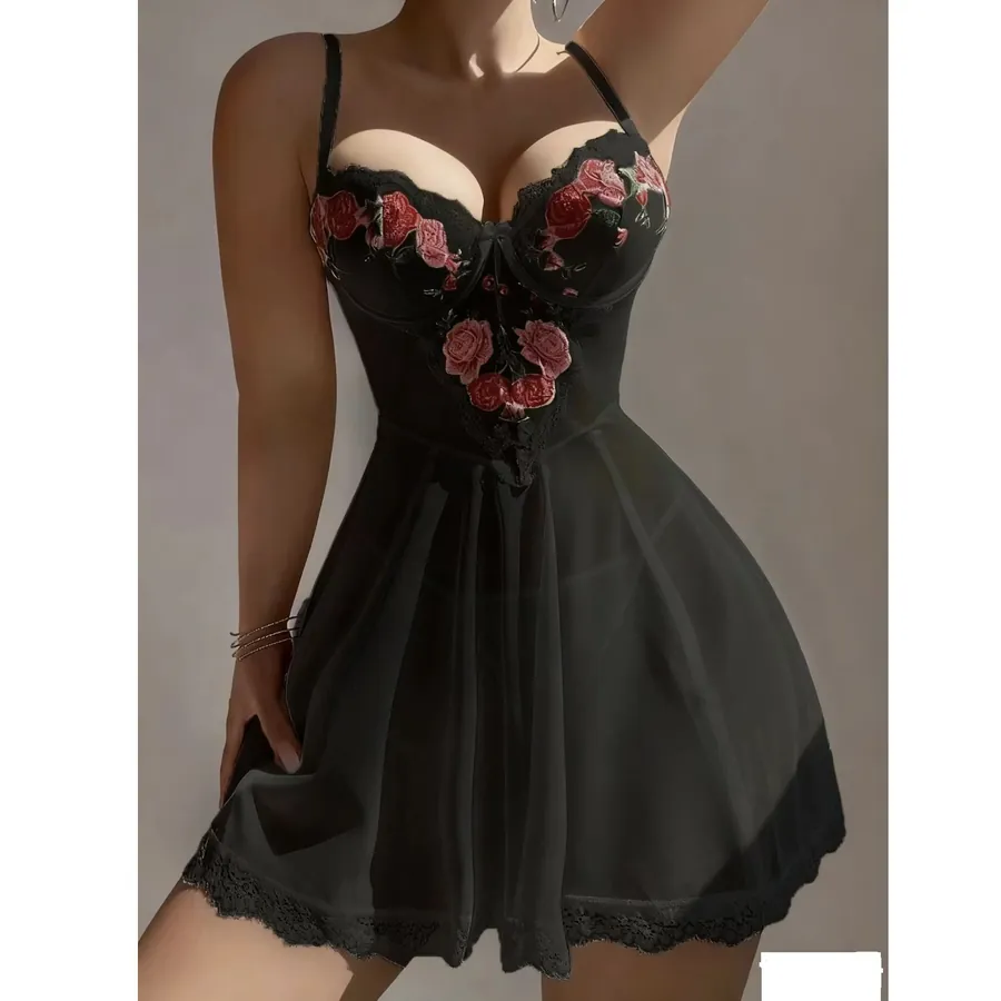 Mesh Embroidered Strappy Nightdress Set