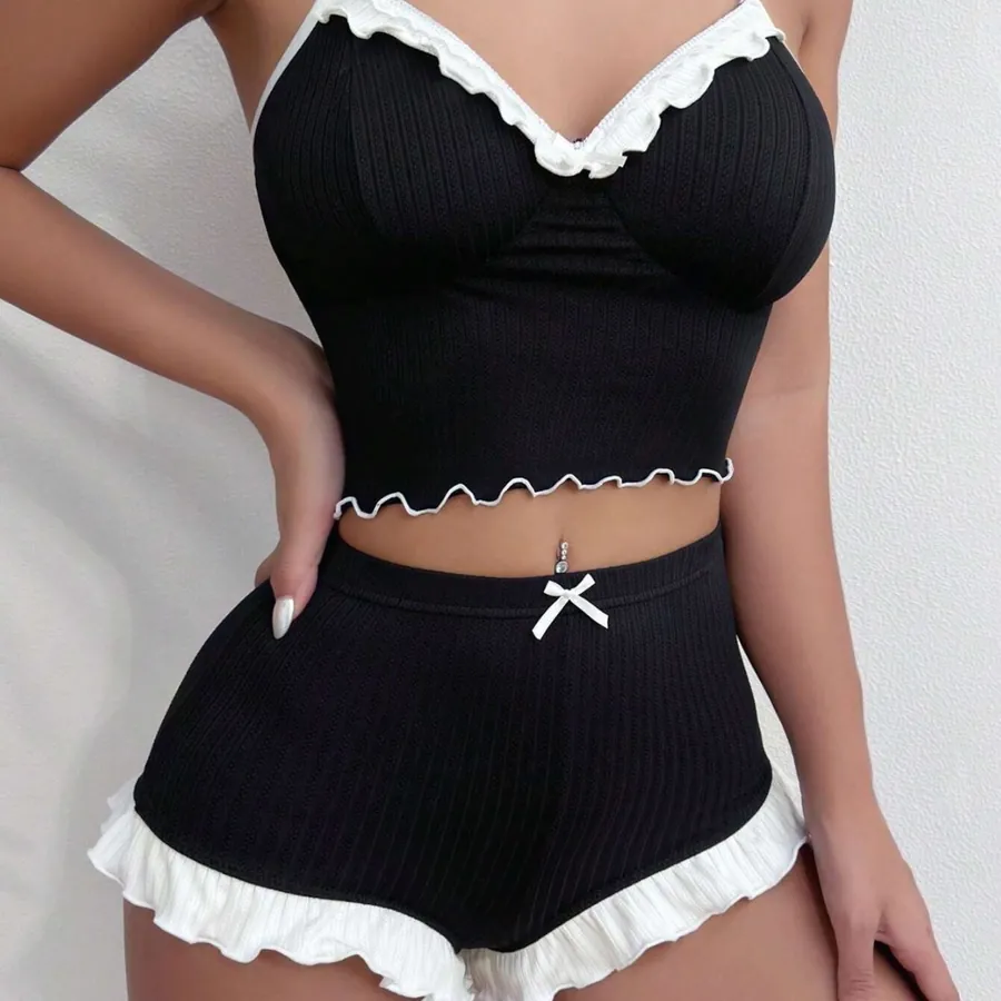 Lace trim cami and shorts pajama set