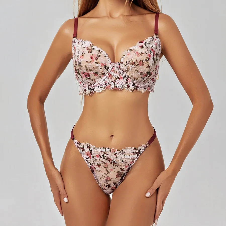 Floral Lace Mesh Bra Set
