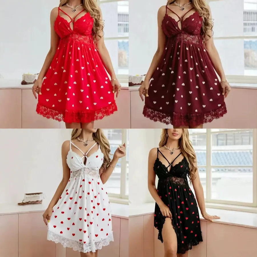 Lace V-Neck Heart Print Slip Dress