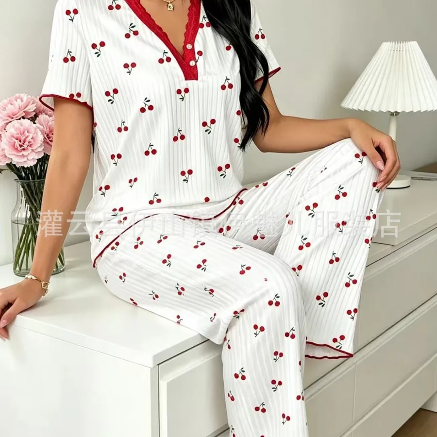 Print V-Neck Short Sleeve Pajama Set