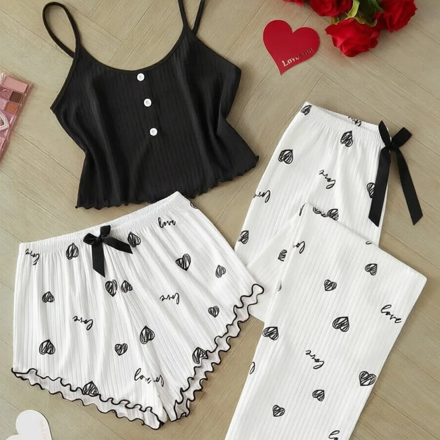Heart Print Cami Three-Piece Pajama Set