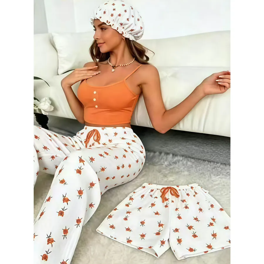Printed Cami and Pants Pajama Set with Hair Cap