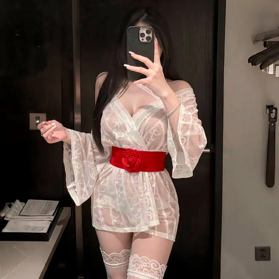 White Lace Kimono Robe with Wide Sleeves