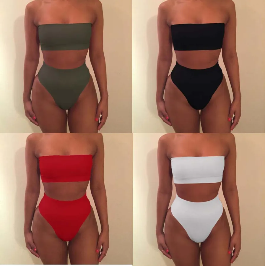 Solid Color Bandeau Bikini Set