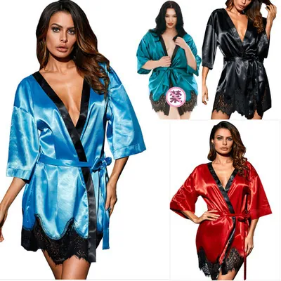 Lace Trim Green Satin Robe