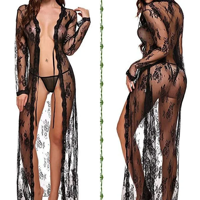 Sheer Lace Mesh Long Robe Nightdress
