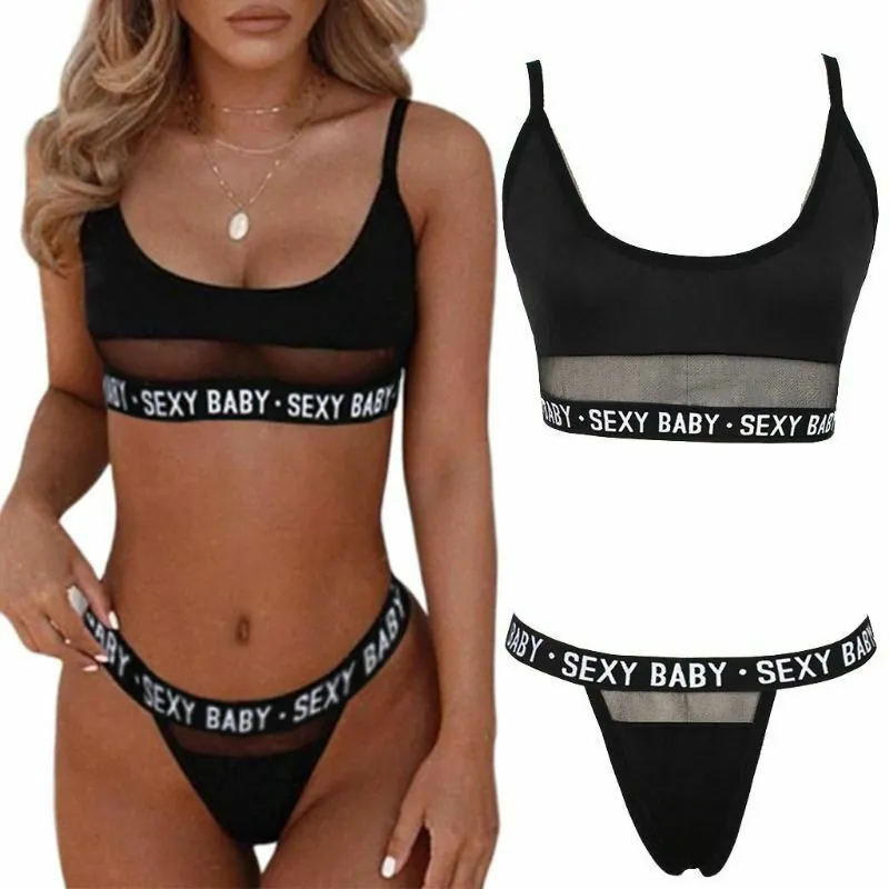 Cutout Letter Print Three-Piece Lingerie Set