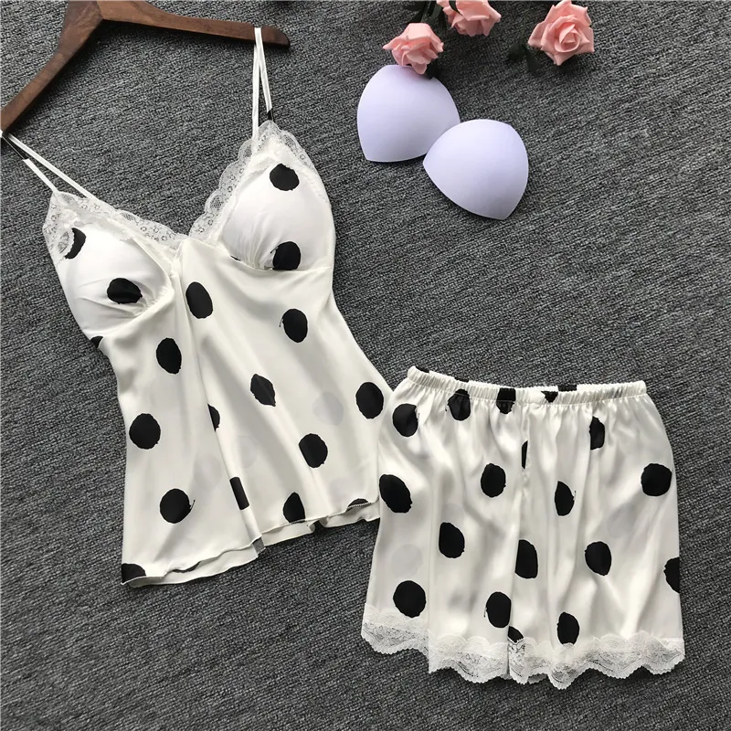 Satin Lace Trim Polka Dot Cami and Shorts Set