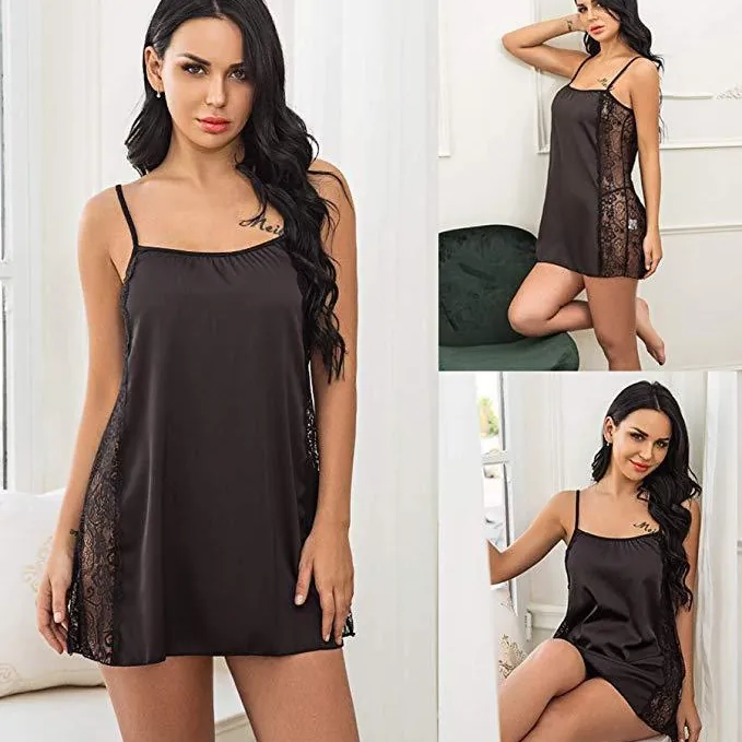 Solid Satin Slip Nightdress with Lace Side Trim