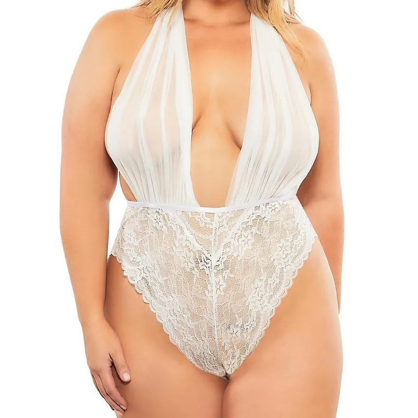 Plus-Size Sheer Mesh Halter Bodysuit