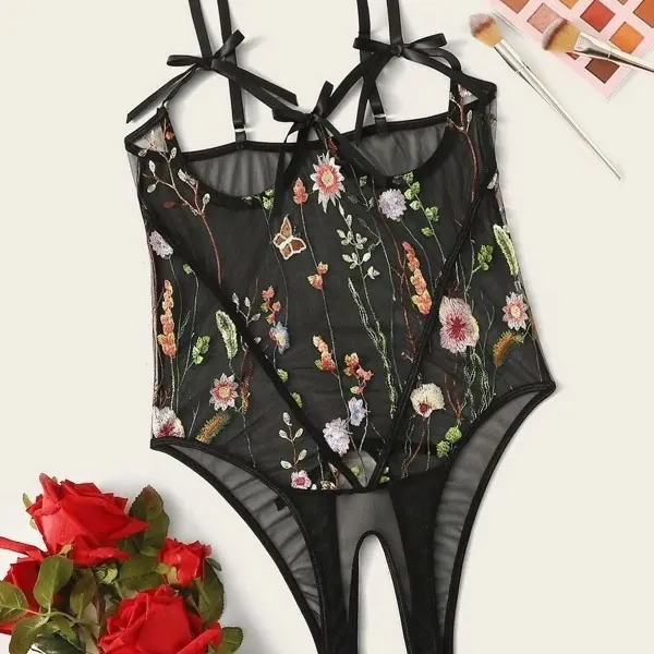 Black Mesh Slit Bodysuit with Print