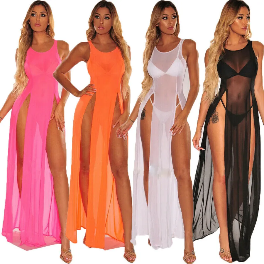Sheer Mesh Slit Long Nightdress