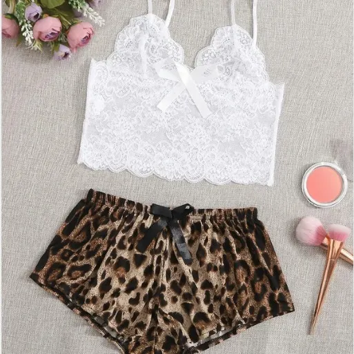 Lace Cutout Cami and Leopard Shorts Lingerie Set