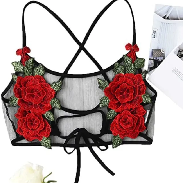 Embroidered Mesh Strappy Bra Set