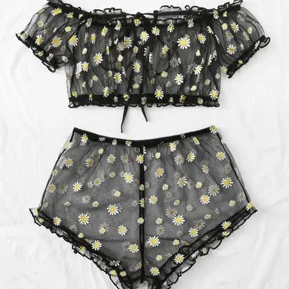Sheer Printed Mesh Bra Set