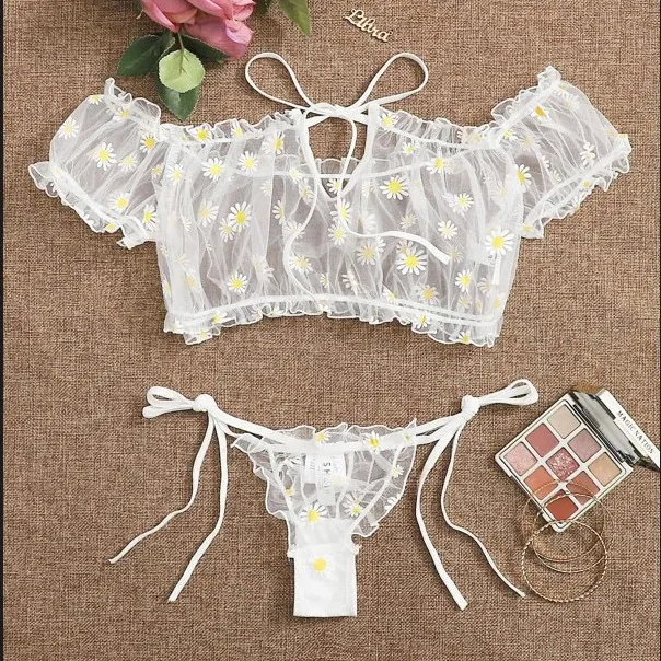 Sheer Lace Three-Piece Lingerie Set