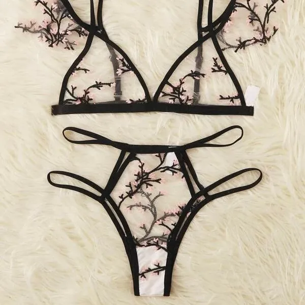 Sheer Printed Three-Piece Lingerie Set