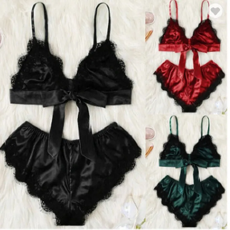 Lace Deep-V Bow Cami and Shorts Set