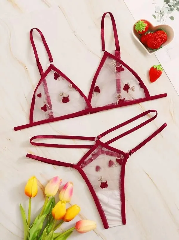 Red Polka Dot Mesh Three-Piece Lingerie Set
