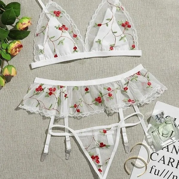 Sheer Print Three-Piece Bra Set