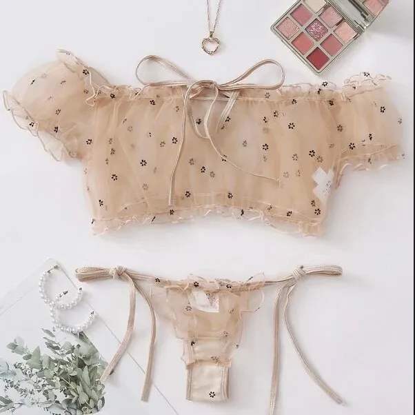 Sheer Lace-Up Three-Piece Nightwear Set