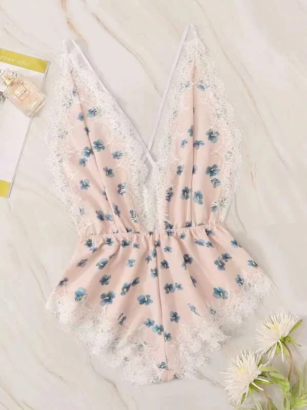 Printed Lace-Trim Cami Bodysuit
