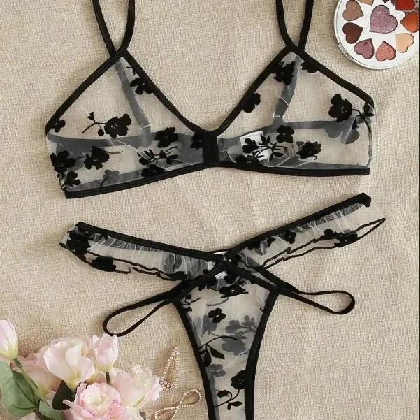 Black Print Mesh Bra Set