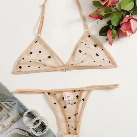 Mesh Polka Dot Halter Bra Set