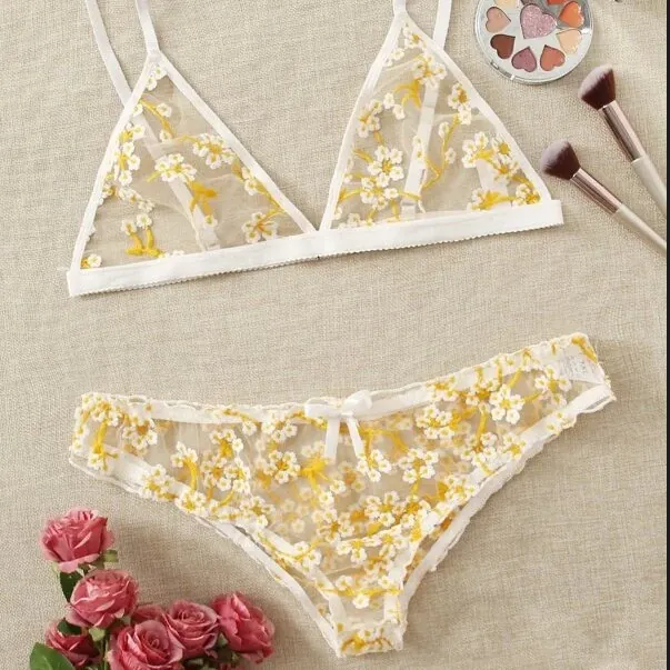 Mesh Floral Print Bra Set
