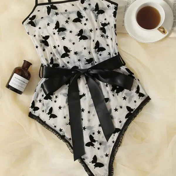 Mesh Butterfly Print Corset Bodysuit