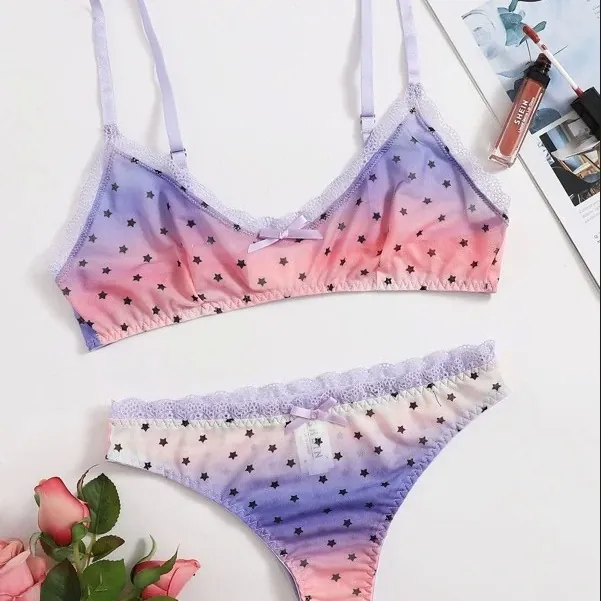 Star-Print Three-Piece Lingerie Set