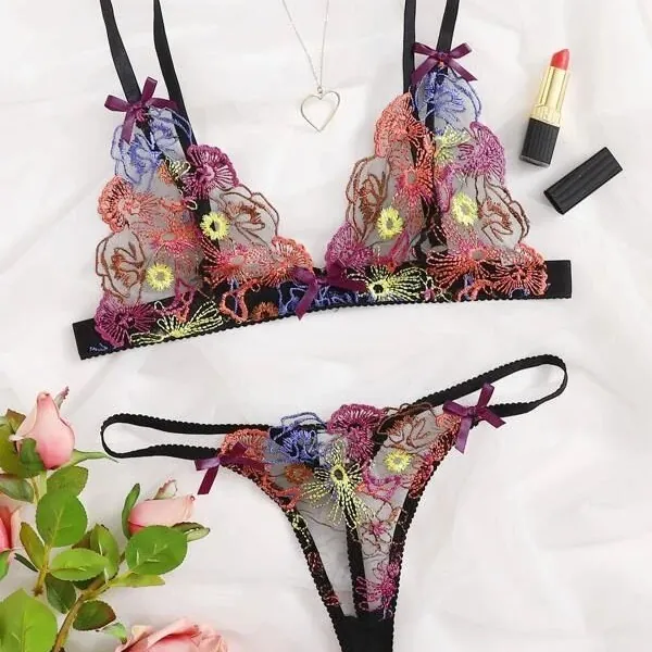 Colorful Embroidered Three-Piece Bra Set