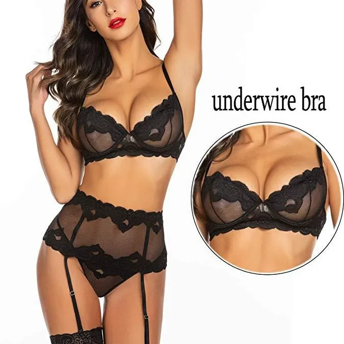 Lace Mesh Three-Piece Cami Bra Set