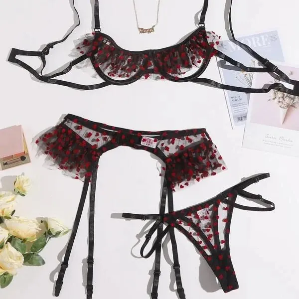 Mesh Star Print Three-Piece Bra Set